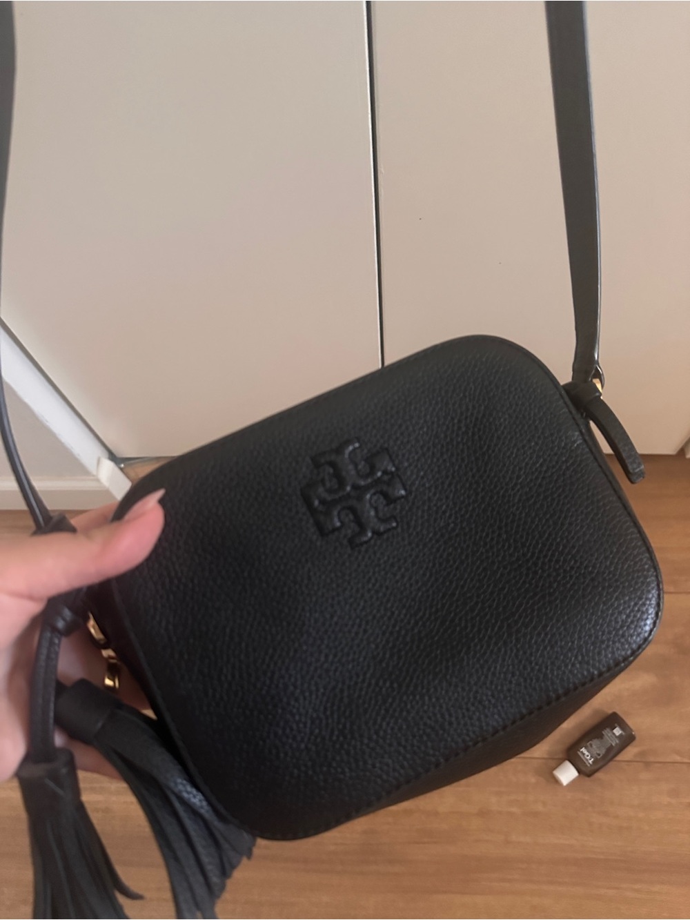 Tory Burch Black Pebbled Leather Crossbody Camera Bag with Tassel